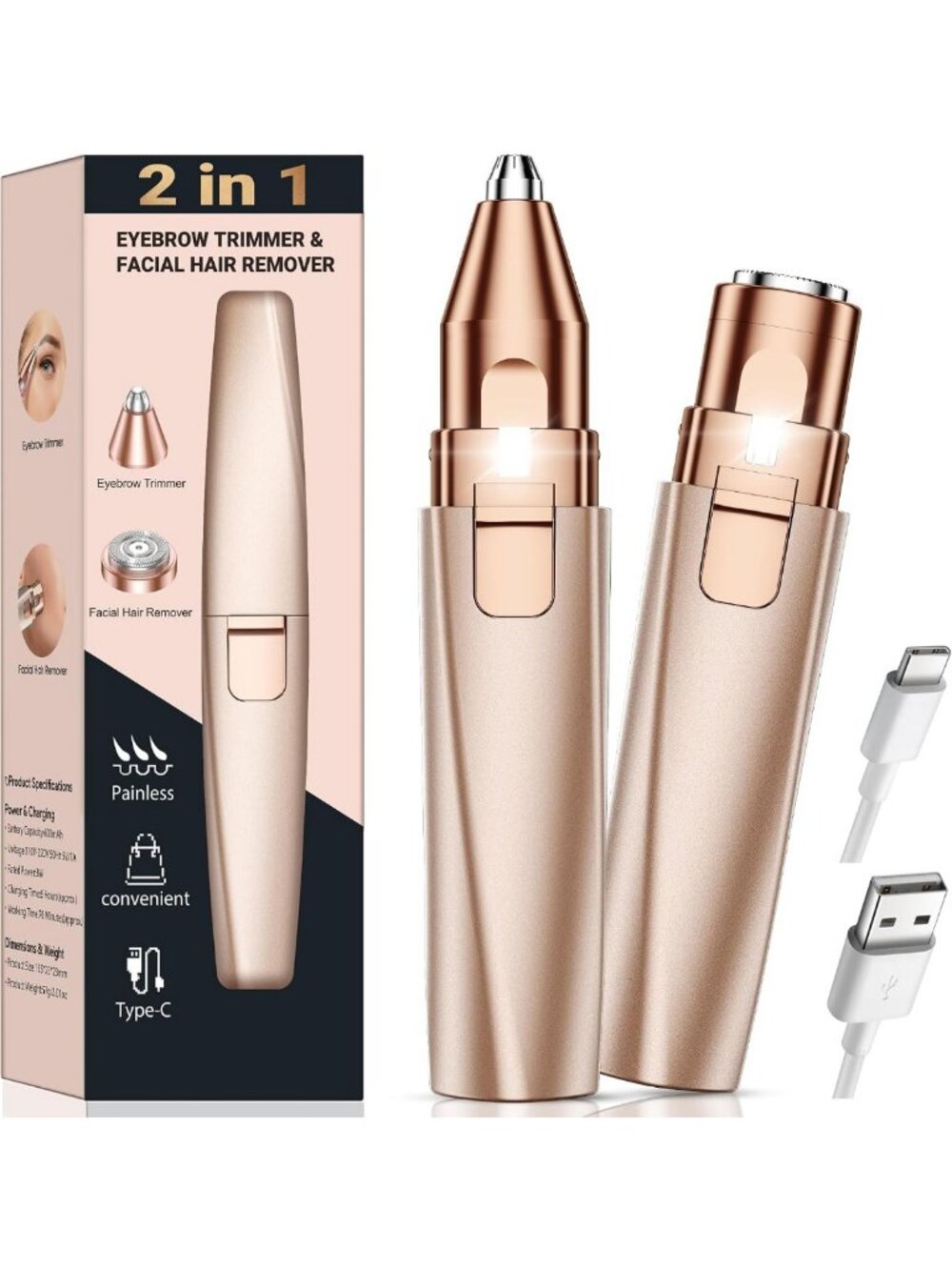 2-in-1 Rechargeable Eyebrow Trimmer & Facial Hair Remover for Women - Painless